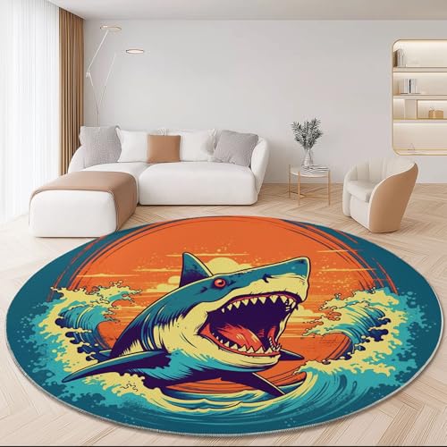 Retro Rund Teppich 160 cm Hai Wellen Sonnenuntergang Teppiche Plüsch Flauschig Weich Teppich Waschbar Modern Wohnzimmer Schlafzimmer Kinderzimmer Dekorative Küche Fußmatte Blau Retro Rund Teppich 160 cm Hai Wellen Sonnenuntergang Teppiche Plüsch Flauschig Weich Teppich Waschbar Modern Wohnzimmer Schlafzimmer Kinderzimmer Dekorative Küche Fußmatte Blau von Generic
