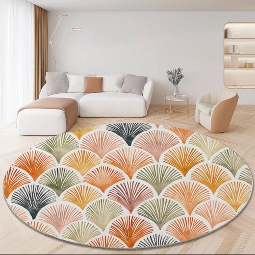 Retro Runder Teppiche 200 cm Fächerförmige Blätter Aquarell Waschbarer Runder Teppich rutschfest Fusselfrei Niederflor-Teppich Für Wohnzimmer Kinderzimmer Schlafzimmer Couchtisch Orange Farbe von Generic