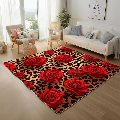 Retro Tiere Leopard Waschbare Teppiche Gegend 200x300cm Teppich Flauschig Pflanze Rose Blume Wohnzimmer Schlafzimmer Teppisch rutschfest Kurzflor Weich Rugs for Living Room Carpet von Generic