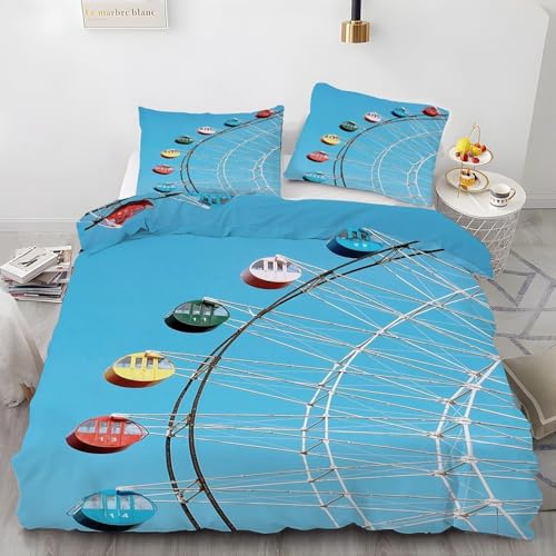 Riesenrad Bettwäsche 200x220 Blau Bettwäsche Set, 3D Bettbezug Set Weich Microfaser Bettbezüge 3 Teilig Spielplatz Wendebettwäsche für Doppelbett, mit 2 Kissenbezüge b1793 von Generic