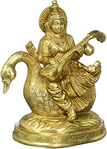 Riesiger Korb MD7 – Devi Saraswati auf Schwan sitzende Messing-Statue, Murti, Idol, Schaustück, Statue, Diwali, Firma, Rückgabe, Geburtstagsgeschenke, Heim/Büro/Hauseingang Dekor von Generic