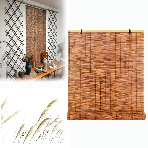 Rollo Bambus Mit Seitenzug Handgewebt 90% UV-Block Bambus Raffrollo Sonnenschutz Sichtschutz Schilf Vorhang Lichtfilter Rollläden(90x130CM(WxH)) von Generic