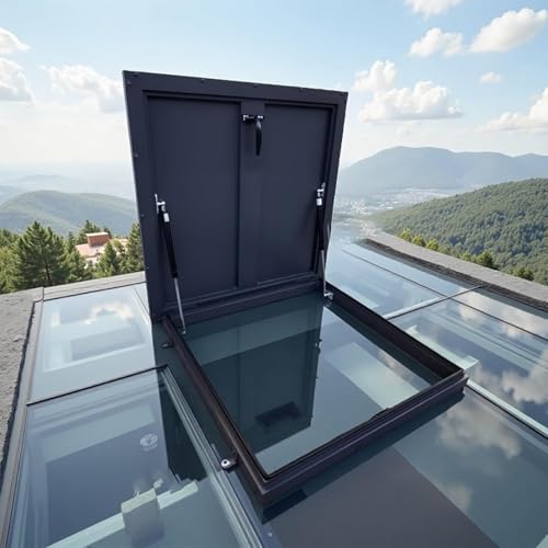 Roof Window Emergency Exit For Roof Ventilation, Dachzugangsluke Dachbodenzugangstür Metalldachplatten Sicherheitstür Mit Hydraulikstange Für Gewerbliche Industriegebäude(75x75cm/29.5x29.5in) von Generic