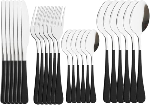 Rosa Silber Spiegel Besteck Set 24-teiliges Besteck Besteck Gabel Messer Löffel Edelstahl Besteck Geschirr Set, Black Silver von Generic