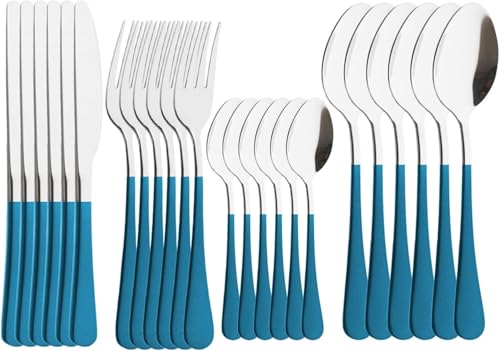 Rosa Silber Spiegel Besteck Set 24-teiliges Besteck Besteck Gabel Messer Löffel Edelstahl Besteck Geschirr Set, Blue Silver von Generic