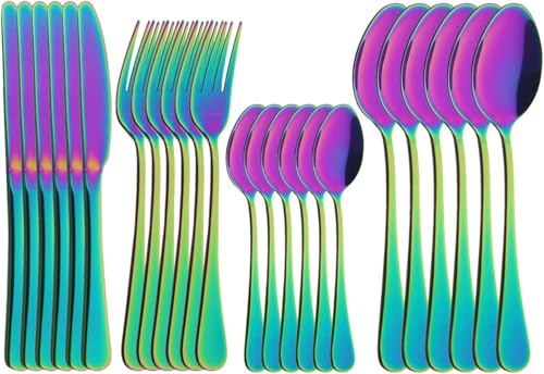 Rosa Silber Spiegel Besteck Set 24-teiliges Besteck Besteck Gabel Messer Löffel Edelstahl Besteck Geschirr Set, Pink,Rainbow,Silver von Generic