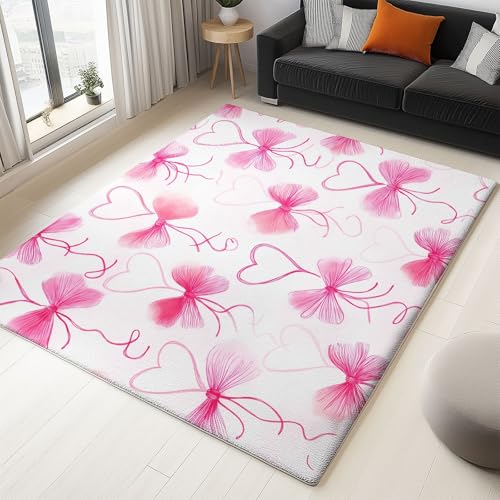 Rosa Waschbarer Teppich Wohnzimmer 160 x 230 cm, Minimal Raffiniert Herz Schleife Drucken Rugs for Living Room, Weich rutschfest Kurzflor Schlafzimmer Carpet Esszimmer Büro Teppiche Rosa Waschbarer Teppich Wohnzimmer 160 x 230 cm, Minimal Raffiniert Herz Schleife Drucken Rugs for Living Room, Weich rutschfest Kurzflor Schlafzimmer Carpet Esszimmer Büro Teppiche von Generic