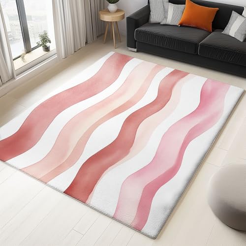 Rosa Weiß Waschbarer Teppich Wohnzimmer Abstrakt Wellen Aquarell Bedruckter Weich rutschfest Kurzflor Flanell-Teppiche, für Schlafzimmer Esszimmer Teppich 80 x 150 cm von Generic