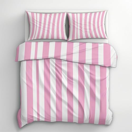 Rosa-Weiße Streifen Bettwäsche 200x220 Streifen Bettwäsche Set, 3D Bettbezug Set Weich Microfaser Bettbezüge 3 Teilig Geometrisch Wendebettwäsche für Doppelbett, mit 2 Kissenbezüge b2099 von Generic