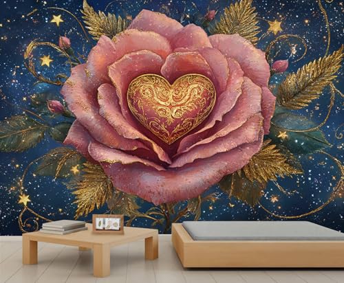 Rosen Wandtapete Sternenhimmel Tapete Liebesherz Blumen Tapete für Jungen Golden Gestreifte Blätter Wandpapier für Kinderzimmer Wohnzimmer Wandposter 280 X 200 cm Rosen Wandtapete Sternenhimmel Tapete Liebesherz Blumen Tapete für Jungen Golden Gestreifte Blätter Wandpapier für Kinderzimmer Wohnzimmer Wandposter 280 X 200 cm von Generic