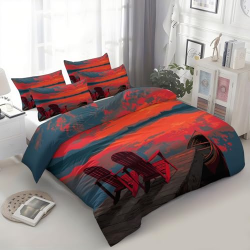 Rot Bettwäsche Set 135 x 200 cm Pier Sunset Stühle, Wende Motiv Microfaser mit Reißverschluss Bettbezug, für Allergiker geeignet von Generic