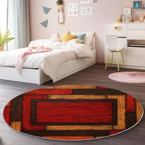 Rot Braun Teppich Rund 100 cm, Waschbare Kurzflor Retro Holzmaserung Bilderrahmen Bedruckter Pflegeleicht Teppiche - rutschfest Teppich Rund für Schlafzimmer Wohnzimmer Rot Braun Teppich Rund 100 cm, Waschbare Kurzflor Retro Holzmaserung Bilderrahmen Bedruckter Pflegeleicht Teppiche - rutschfest Teppich Rund für Schlafzimmer Wohnzimmer von Generic