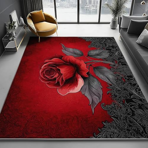 Rot Waschbarer Kurzflor Teppich, Weicher Rutschfester Teppich, Kurzflor Rosenillustration im gotischen Stil Bedruckter Läufer für Innenbereich Schlafzimmer, 60 x 120 cm von Generic
