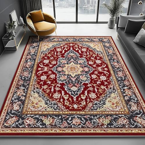 Rot Waschbarer Kurzflor Teppich, Weicher Rutschfester Teppich, Kurzflor Traditionelle Volksblumenillustration Bedruckter Läufer für Innenbereich Schlafzimmer, 140 x 200 cm von Generic
