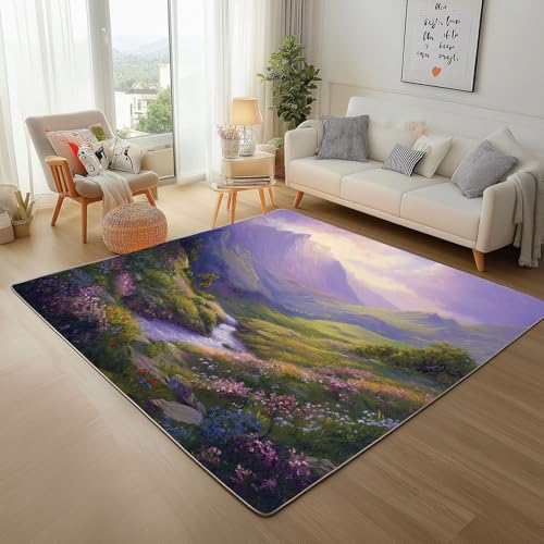 Rugs for Living Room 200x300cm Großer Teppich Wohnzimmer Berg Und Fluss Landschaft Moderner Waschbare Teppiche Bettvorleger Lila Natur Landschaft Teppisch für Schlafzimmer, Kinderzimmer von Generic