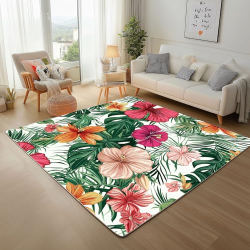 Rugs for Living Room - Teppich Kurzflor Hibiskus Blüten Blätter Teppich Flauschig Natur Blumen und Blätter Waschbare Teppiche für Wohnzimmer Schlafzimmer Jugendzimmer Bettvorleger 120x170cm von Generic