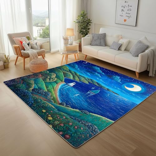 Rugs for Living Room - Teppich Kurzflor Nautische Segelboot Mond Landschaft Teppich Flauschig Dschungel Landschaft Waschbare Teppiche für Wohnzimmer Schlafzimmer Jugendzimmer Bettvorleger 160x230cm Rugs for Living Room - Teppich Kurzflor Nautische Segelboot Mond Landschaft Teppich Flauschig Dschungel Landschaft Waschbare Teppiche für Wohnzimmer Schlafzimmer Jugendzimmer Bettvorleger 160x230cm von Generic