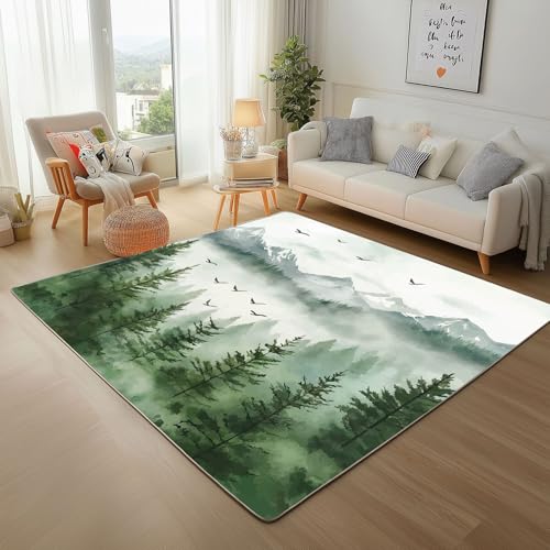 Rugs for Living Room - Teppich Kurzflor Nebliger Dschungelberg GrüN Teppich Flauschig Natur Berg Landschaft Waschbare Teppiche für Wohnzimmer Schlafzimmer Jugendzimmer Bettvorleger 200x300cm von Generic