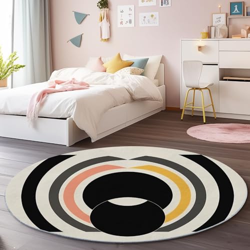 Rund Teppich 120 cm, Waschbarer Weich Kurzflor Minimalismus Kreise Poster Bedruckter Rutschfester Schwarz Weiß Teppich - Rund Teppiche für Wohnzimmer Schlafzimmer Esszimmer von Generic