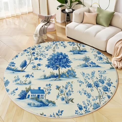 Rund Teppich 140 cm Ländliche Bäume rutschfest Teppiche Plüsch Flauschig Weich Teppich Waschbar Retro-Stil Wohnzimmer Schlafzimmer Dekorative Küche Fußmatte Haustierteppich, Blau Rund Teppich 140 cm Ländliche Bäume rutschfest Teppiche Plüsch Flauschig Weich Teppich Waschbar Retro-Stil Wohnzimmer Schlafzimmer Dekorative Küche Fußmatte Haustierteppich, Blau von Generic