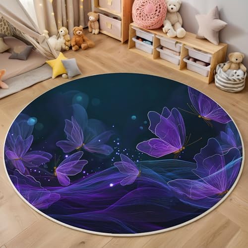 Rund Teppich 140 cm Psychedelischer Schmetterling rutschfest Teppiche Plüsch Flauschig Weich Teppich Waschbar Moderner Science-Fiction Küche Fußmatte Haustierteppich, blau-lila Rund Teppich 140 cm Psychedelischer Schmetterling rutschfest Teppiche Plüsch Flauschig Weich Teppich Waschbar Moderner Science-Fiction Küche Fußmatte Haustierteppich, blau-lila von Generic