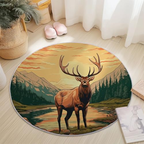 Rund Teppich 150 cm Natur Hirsche Berge Teppiche Plüsch Flauschig Weich Teppich Waschbar Modern Wohnzimmer Schlafzimmer Kinderzimmer Dekorative Küche Fußmatte Braun von Generic