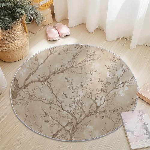 Rund Teppich 150 cm Natur Zweige Blätter Teppiche Plüsch Flauschig Weich Teppich Waschbar Modern Wohnzimmer Schlafzimmer Kinderzimmer Dekorative Küche Fußmatte Braun von Generic