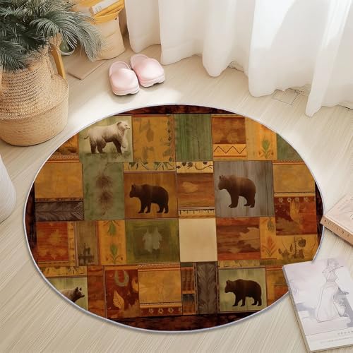 Rund Teppich 150 cm Retro-Collage Bär Wald Elemente Teppiche Plüsch Flauschig Weich Teppich Waschbar Modern Wohnzimmer Schlafzimmer Kinderzimmer Dekorative Küche Fußmatte Braun Rund Teppich 150 cm Retro-Collage Bär Wald Elemente Teppiche Plüsch Flauschig Weich Teppich Waschbar Modern Wohnzimmer Schlafzimmer Kinderzimmer Dekorative Küche Fußmatte Braun von Generic