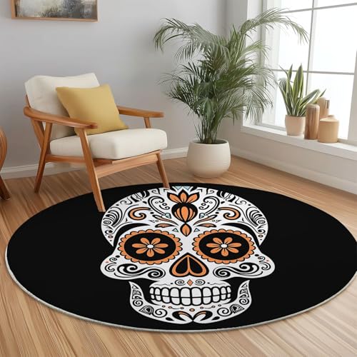 Rund Teppich 150 cm Retro-Totenkopf Handbemalt Teppiche Plüsch Flauschig Weich Teppich Waschbar Modern Wohnzimmer Schlafzimmer Kinderzimmer Dekorative Küche Fußmatte Weiß von Generic