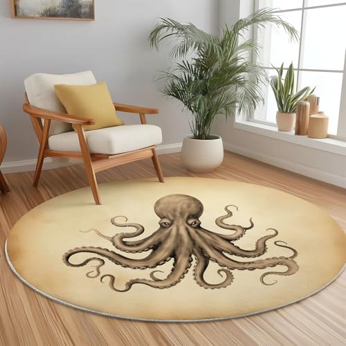 Rund Teppich 150 cm Vintage Oktopus Handgezeichnet Teppiche Plüsch Flauschig Weich Teppich Waschbar Modern Wohnzimmer Schlafzimmer Kinderzimmer Dekorative Küche Fußmatte Braun Rund Teppich 150 cm Vintage Oktopus Handgezeichnet Teppiche Plüsch Flauschig Weich Teppich Waschbar Modern Wohnzimmer Schlafzimmer Kinderzimmer Dekorative Küche Fußmatte Braun von Generic