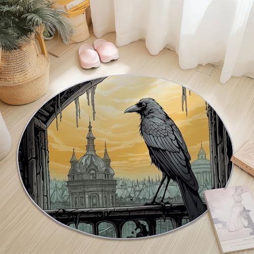 Rund Teppich 180 cm Mid-Century Modern Krähe Retro-Architektur Teppiche Plüsch Flauschig Weich Teppich Waschbar Modern Wohnzimmer Schlafzimmer Kinderzimmer Dekorative Küche Fußmatte Grau von Generic