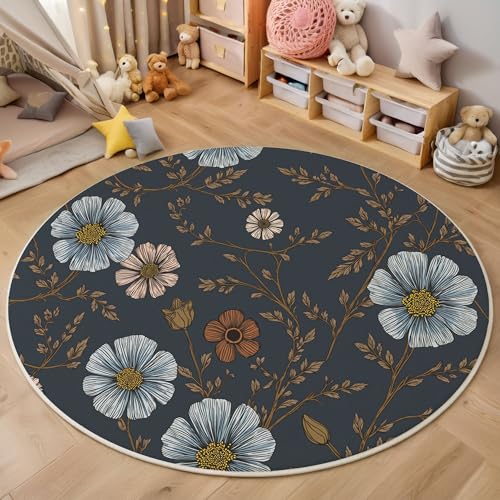 Rund Teppich 200 cm Retro-Blumen rutschfest Teppiche Plüsch Flauschig Weich Teppich Waschbar Elegante Pflanzen Wohnzimmer Schlafzimmer Dekorative Küche Fußmatte Haustierteppich, Dunkelgrau von Generic