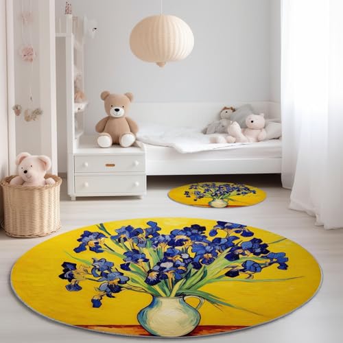 Rund Teppich 60 cm, Waschbarer Weich Kurzflor Gemälde Schwertlilien Vase Bedruckter Rutschfester Blau Gelb Teppich - Rund Teppiche für Wohnzimmer Schlafzimmer Esszimmer von Generic