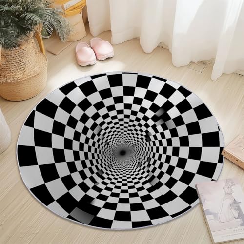 Rund Teppich 60 cm Optische Täuschung Schwarz-Weißes Raster Teppiche Plüsch Flauschig Weich Teppich Waschbar Modern Wohnzimmer Schlafzimmer Kinderzimmer Dekorative Küche Fußmatte Schwarz Rund Teppich 60 cm Optische Täuschung Schwarz-Weißes Raster Teppiche Plüsch Flauschig Weich Teppich Waschbar Modern Wohnzimmer Schlafzimmer Kinderzimmer Dekorative Küche Fußmatte Schwarz von Generic