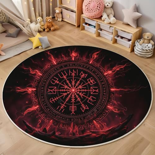 Rund Teppich 90 cm Wikinger-Runen rutschfest Teppiche Plüsch Flauschig Weich Teppich Waschbar Fantasy-Stil Wohnzimmer Schlafzimmer Dekorative Küche Fußmatte Haustierteppich, Rot von Generic