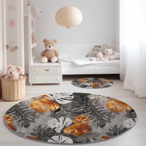 Rund Teppich Aquarell Pflanzen Monstera-Blätter Bedruckter, Weich Kurzflor Flanell Orange Grau Pflegeleicht Rutschfester Rund Teppich - 120 cm für Eingangsbereich Schlafzimmer Kinderzimmer von Generic