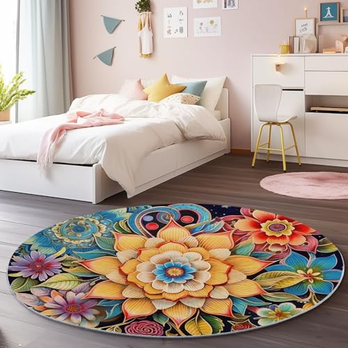 Rund Teppich Mandala Blumen Illustration Bedruckter, Weich Kurzflor Flanell Bunt Pflegeleicht Rutschfester Rund Teppich - 180 cm für Eingangsbereich Schlafzimmer Kinderzimmer Rund Teppich Mandala Blumen Illustration Bedruckter, Weich Kurzflor Flanell Bunt Pflegeleicht Rutschfester Rund Teppich - 180 cm für Eingangsbereich Schlafzimmer Kinderzimmer von Generic