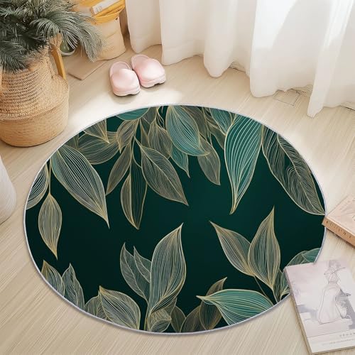 Rund Teppich Pflanzen Goldene Linien Blätter Bedruckter, Weich Kurzflor Flanell Grün Gold Pflegeleicht Rutschfester Rund Teppich - 60 cm für Eingangsbereich Schlafzimmer Kinderzimmer von Generic
