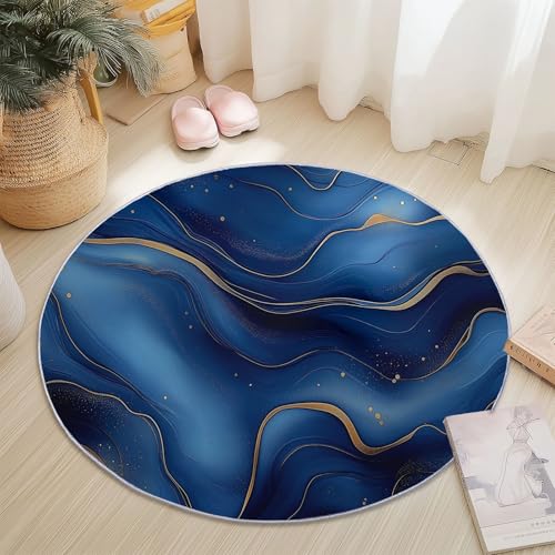 Rund Teppich für Wohnzimmer Durchmesser 100 cm, rutschfeste Blau Gold Flanell Teppich, Traum Wellen Linien Design, Waschbar Teppiche für Schlafzimmer Küche Dekoration von Generic