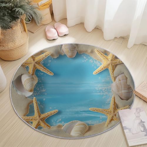 Rund Teppich für Wohnzimmer Durchmesser 100 cm, rutschfeste Bunt Flanell Teppich, 3D Strand Muscheln Seesterne Design, Waschbar Teppiche für Schlafzimmer Küche Dekoration von Generic