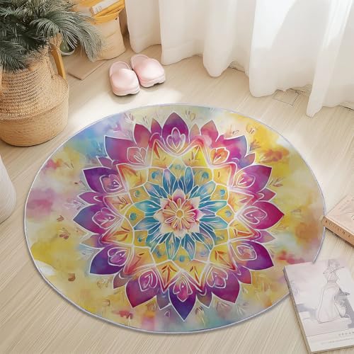 Rund Teppich für Wohnzimmer Durchmesser 100 cm, rutschfeste Bunt Flanell Teppich, Aquarell Mandala-Muster Design, Waschbar Teppiche für Schlafzimmer Küche Dekoration von Generic