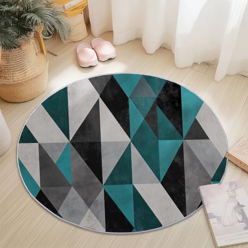 Rund Teppich für Wohnzimmer Durchmesser 100 cm, rutschfeste Grau Cyan Flanell Teppich, Geometrisch Linien Dreiecke Design, Waschbar Teppiche für Schlafzimmer Küche Dekoration von Generic