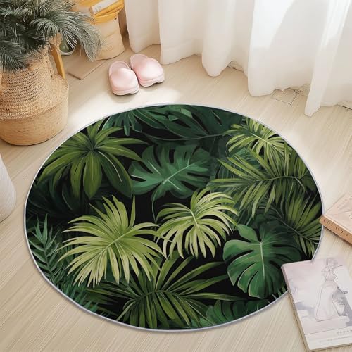 Rund Teppich für Wohnzimmer Durchmesser 100 cm, rutschfeste Grün Schwarz Flanell Teppich, Nahaufnahme Tropische Blätter Palmen Monstera Design, Waschbar Teppiche für Schlafzimmer Küche Dekoration Rund Teppich für Wohnzimmer Durchmesser 100 cm, rutschfeste Grün Schwarz Flanell Teppich, Nahaufnahme Tropische Blätter Palmen Monstera Design, Waschbar Teppiche für Schlafzimmer Küche Dekoration von Generic