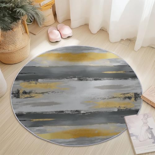 Rund Teppich für Wohnzimmer Durchmesser 120 cm, rutschfeste Grau Gold Flanell Teppich, Abstrakt Horizontale Linien Textur Design, Waschbar Teppiche für Schlafzimmer Küche Dekoration von Generic