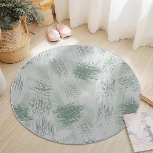 Rund Teppich für Wohnzimmer Durchmesser 140 cm, rutschfeste Hellgrün Weiß Flanell Teppich, Abstrakt Linien Textur Design, Waschbar Teppiche für Schlafzimmer Küche Dekoration von Generic