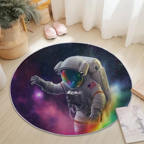 Rund Teppich für Wohnzimmer Durchmesser 180 cm, rutschfeste Bunt Flanell Teppich, Fantasie Universum Astronaut Design, Waschbar Teppiche für Schlafzimmer Küche Dekoration von Generic