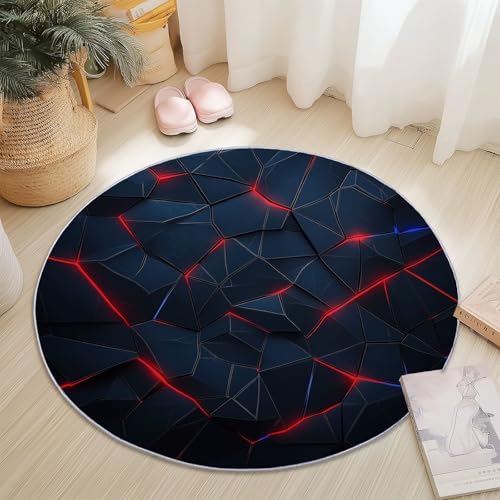 Rund Teppich für Wohnzimmer Durchmesser 180 cm, rutschfeste Dunkelblau Rot Flanell Teppich, Abstrakt Technologie Linien Design, Waschbar Teppiche für Schlafzimmer Küche Dekoration von Generic