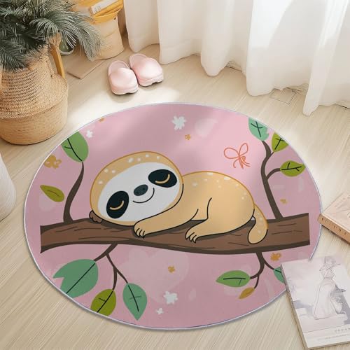 Rund Teppich für Wohnzimmer Durchmesser 60 cm, rutschfeste Bunt Flanell Teppich, Cartoon Niedlich Faultier Zweige Design, Waschbar Teppiche für Schlafzimmer Küche Dekoration von Generic