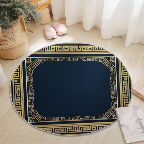 Rund Teppich für Wohnzimmer Durchmesser 60 cm, rutschfeste Gold Schwarz Flanell Teppich, Einfach Griechisches Muster Linien Design, Waschbar Teppiche für Schlafzimmer Küche Dekoration von Generic