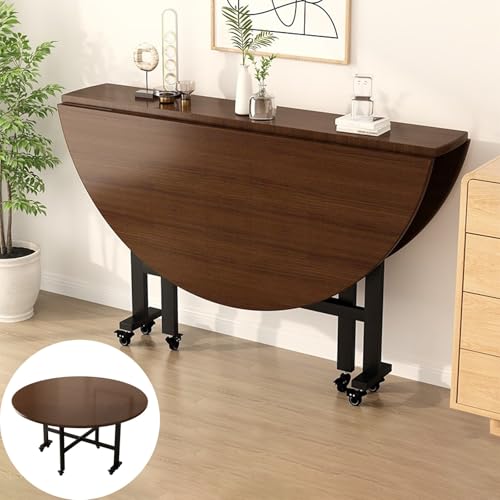 Runde Küchentische mit 6 Rädern, Beweglicher Klapptisch for Kleine Räume, 23 mm Dicke Massivholz-Spanplatte, 3 Klappformen (100/120/140/150cm Durchmesser) von Generic